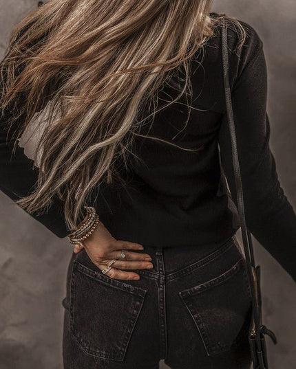 Solid Ribbed V - Neck Buttoned Long Sleeve Top - Sleekdenim.com