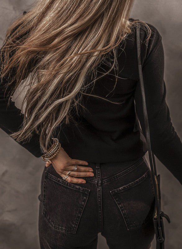 Solid Ribbed V - Neck Buttoned Long Sleeve Top - Sleekdenim.com