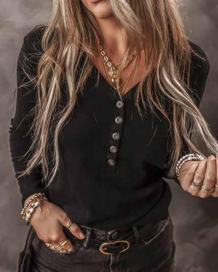 Solid Ribbed V - Neck Buttoned Long Sleeve Top - Sleekdenim.com