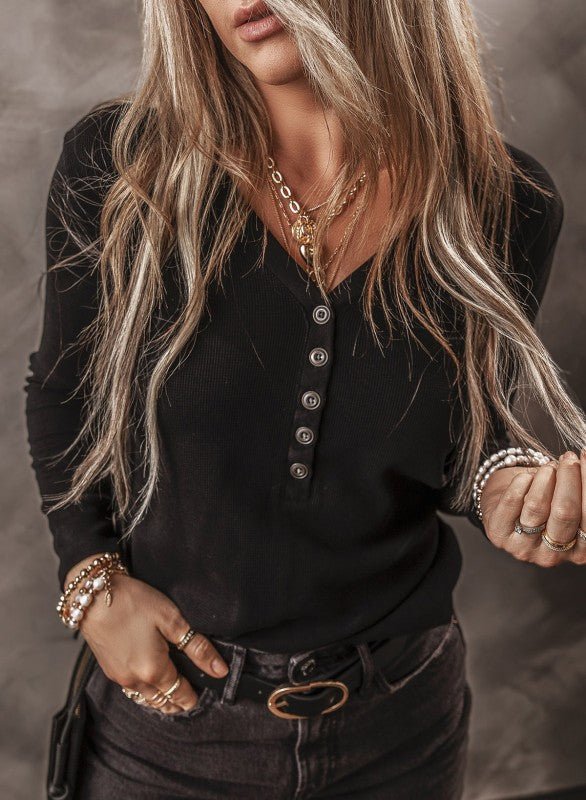 Solid Ribbed V - Neck Buttoned Long Sleeve Top - Sleekdenim.com