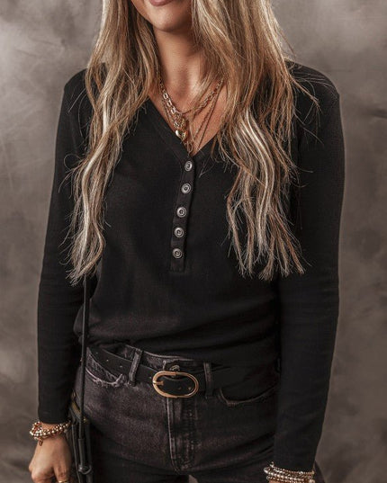 Solid Ribbed V - Neck Buttoned Long Sleeve Top - Sleekdenim.com