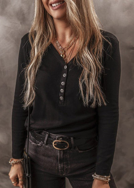 Solid Ribbed V - Neck Buttoned Long Sleeve Top - Sleekdenim.com