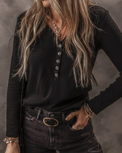 Solid Ribbed V - Neck Buttoned Long Sleeve Top - Sleekdenim.com