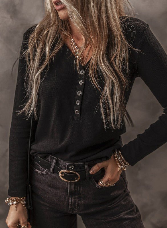 Solid Ribbed V - Neck Buttoned Long Sleeve Top - Sleekdenim.com