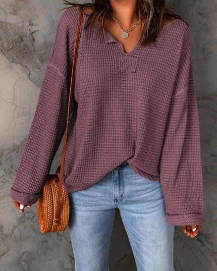 Solid Waffle Knit Long Sleeve Top - Sleekdenim.com
