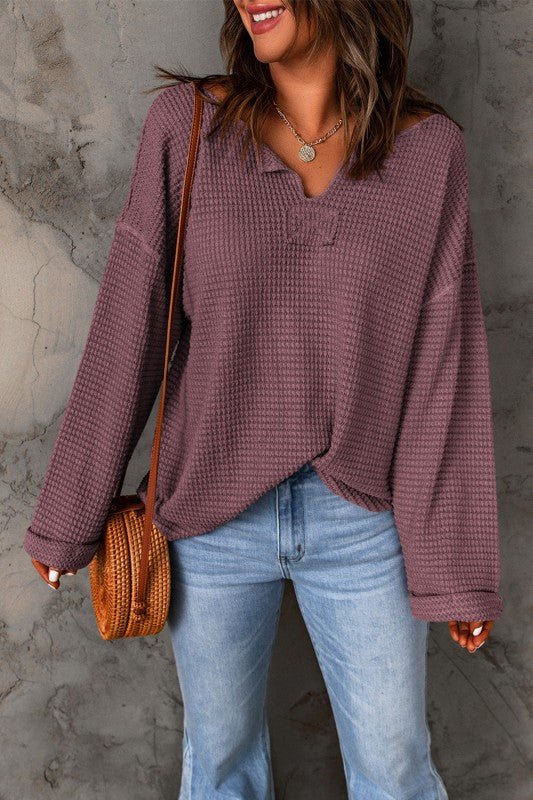 Solid Waffle Knit Long Sleeve Top - Sleekdenim.com