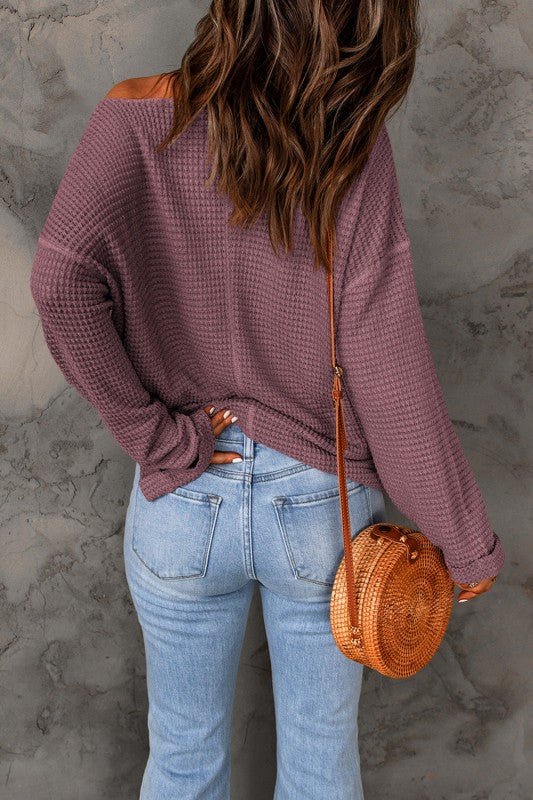 Solid Waffle Knit Long Sleeve Top - Sleekdenim.com