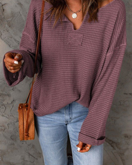 Solid Waffle Knit Long Sleeve Top - Sleekdenim.com