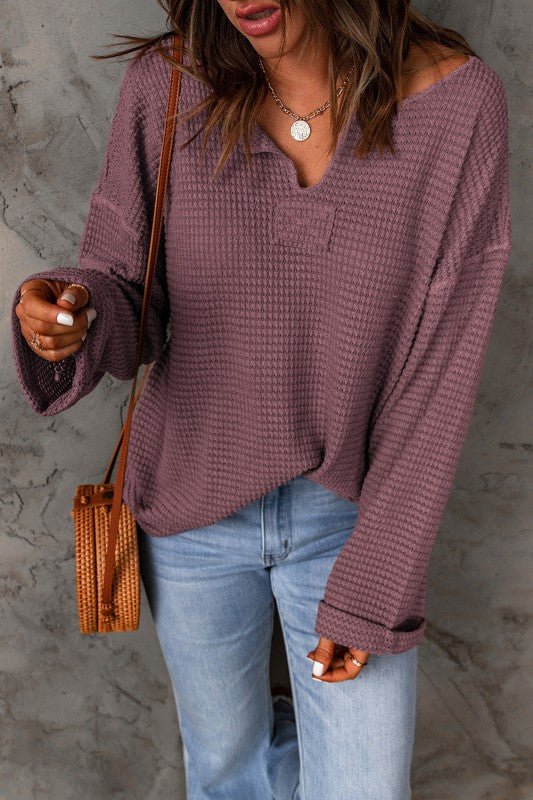 Solid Waffle Knit Long Sleeve Top - Sleekdenim.com