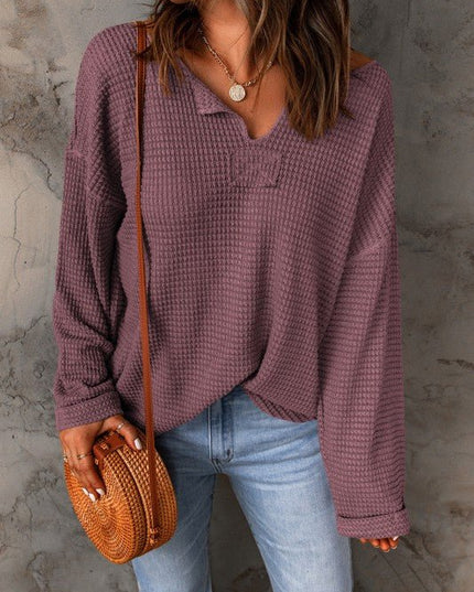 Solid Waffle Knit Long Sleeve Top - Sleekdenim.com