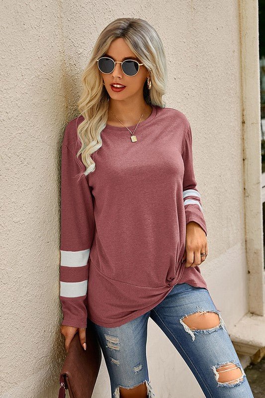 Stripe Twisted Front Long Sleeve Shirt - Sleekdenim.com