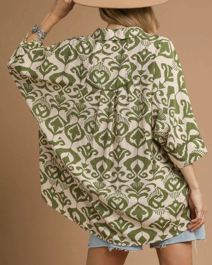 Umgee Abstract Print Button - Up Oversized Shirt - Sleekdenim.com