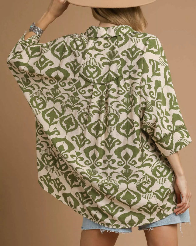 Umgee Abstract Print Button - Up Oversized Shirt - Sleekdenim.com
