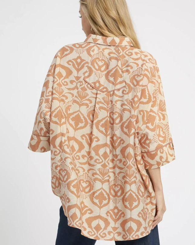 Umgee Abstract Print Button - Up Oversized Shirt - Sleekdenim.com