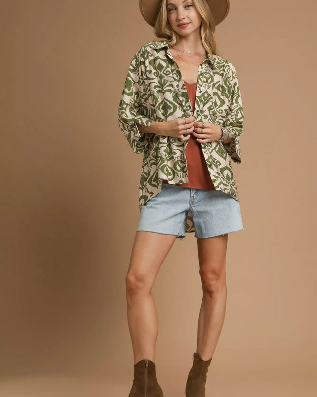 Umgee Abstract Print Button - Up Oversized Shirt - Sleekdenim.com