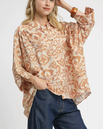 Umgee Abstract Print Button - Up Oversized Shirt - Sleekdenim.com