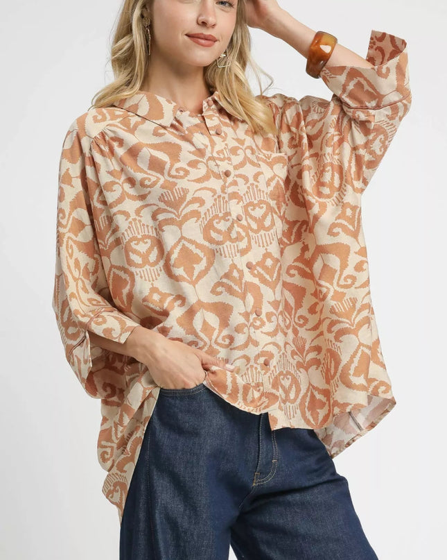 Umgee Abstract Print Button - Up Oversized Shirt - Sleekdenim.com