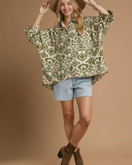 Umgee Abstract Print Button - Up Oversized Shirt - Sleekdenim.com
