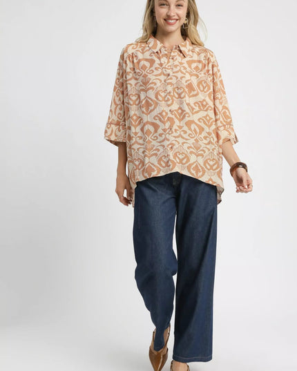 Umgee Abstract Print Button - Up Oversized Shirt - Sleekdenim.com