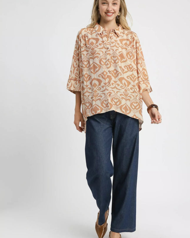Umgee Abstract Print Button - Up Oversized Shirt - Sleekdenim.com