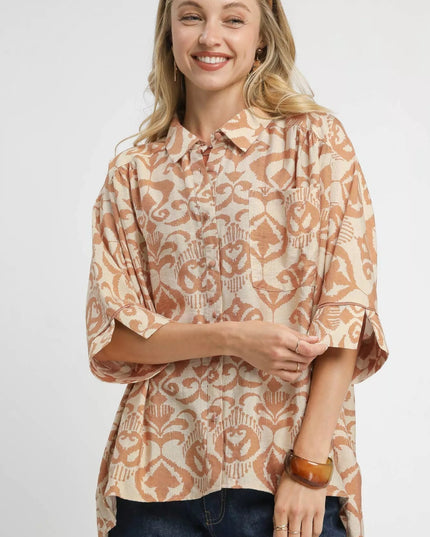 Umgee Abstract Print Button - Up Oversized Shirt - Sleekdenim.com