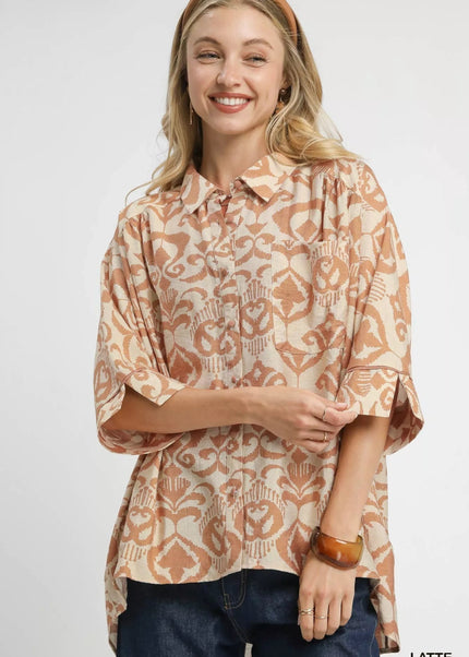 Umgee Abstract Print Button - Up Oversized Shirt - Sleekdenim.com
