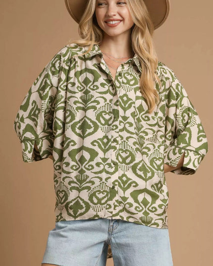 Umgee Abstract Print Button - Up Oversized Shirt - Sleekdenim.com