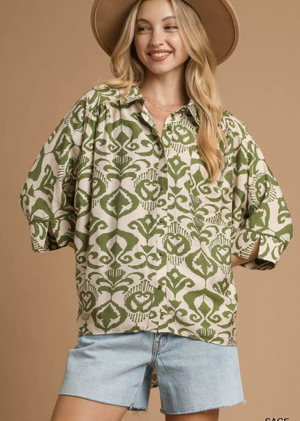 Umgee Abstract Print Button - Up Oversized Shirt - Sleekdenim.com