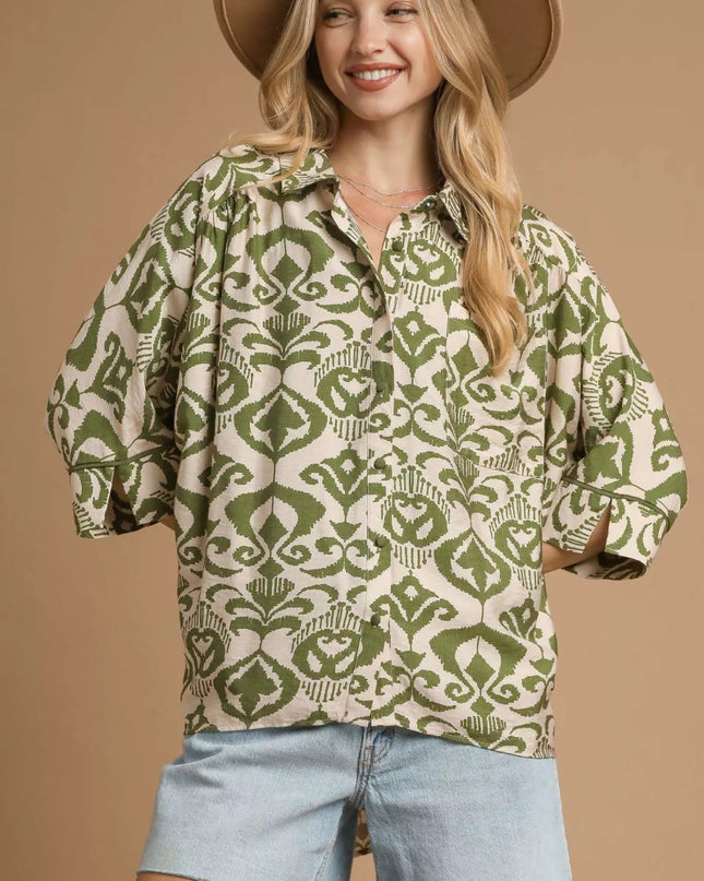 Umgee Abstract Print Button - Up Oversized Shirt - Sleekdenim.com