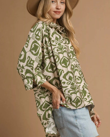 Umgee Abstract Print Button - Up Oversized Shirt - Sleekdenim.com