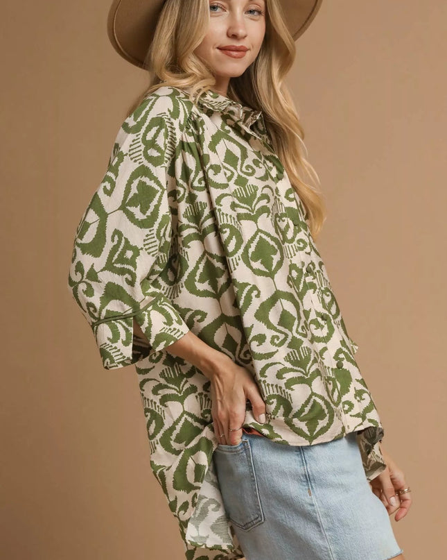 Umgee Abstract Print Button - Up Oversized Shirt - Sleekdenim.com