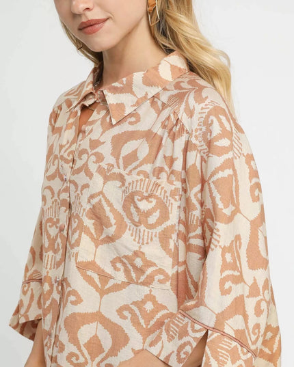 Umgee Abstract Print Button - Up Oversized Shirt - Sleekdenim.com