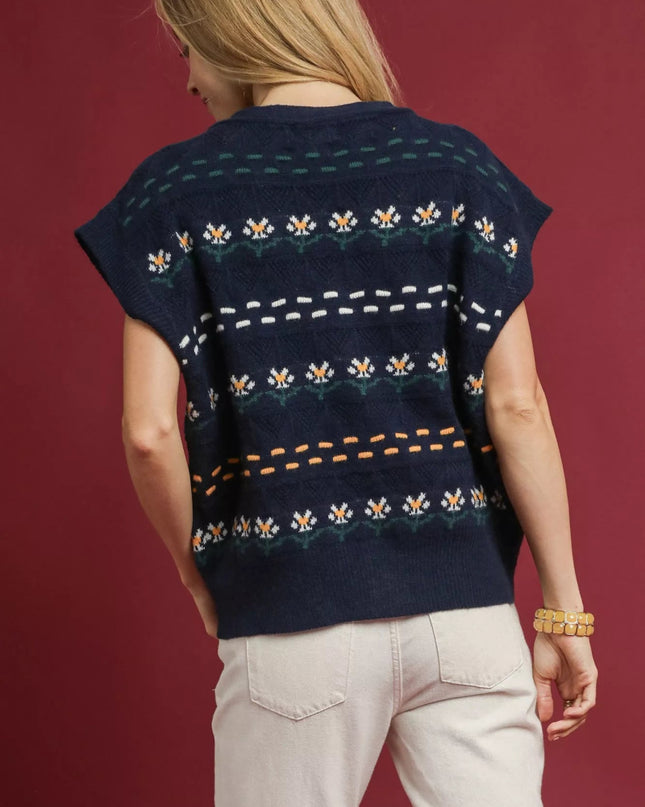 Umgee Button - Down Knit Vest with Floral Pattern - Sleekdenim.com