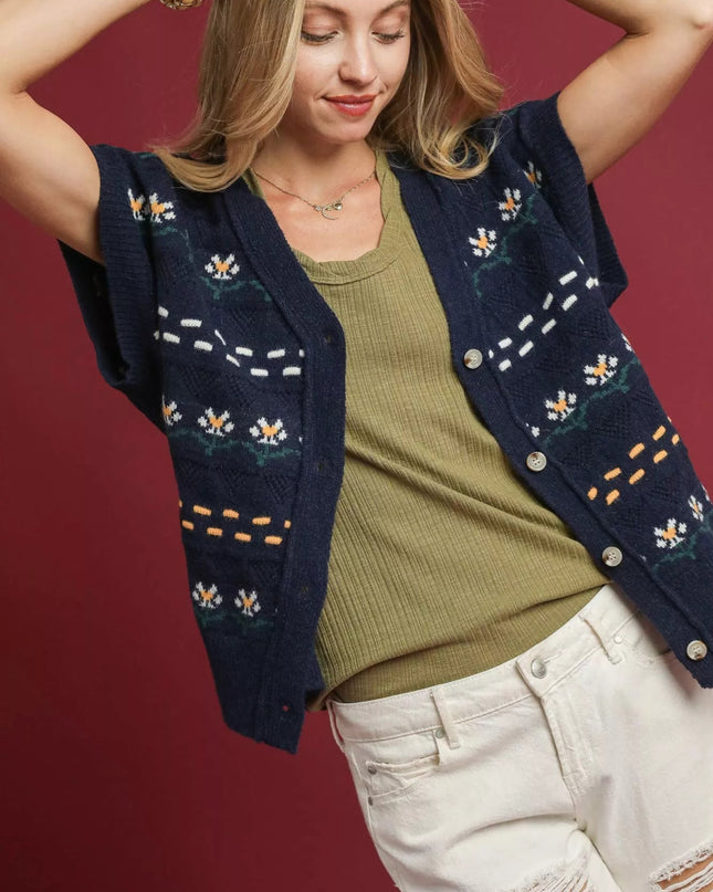Umgee Button - Down Knit Vest with Floral Pattern - Sleekdenim.com