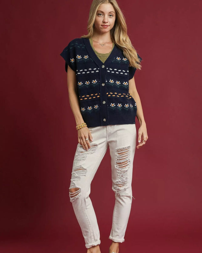 Umgee Button - Down Knit Vest with Floral Pattern - Sleekdenim.com