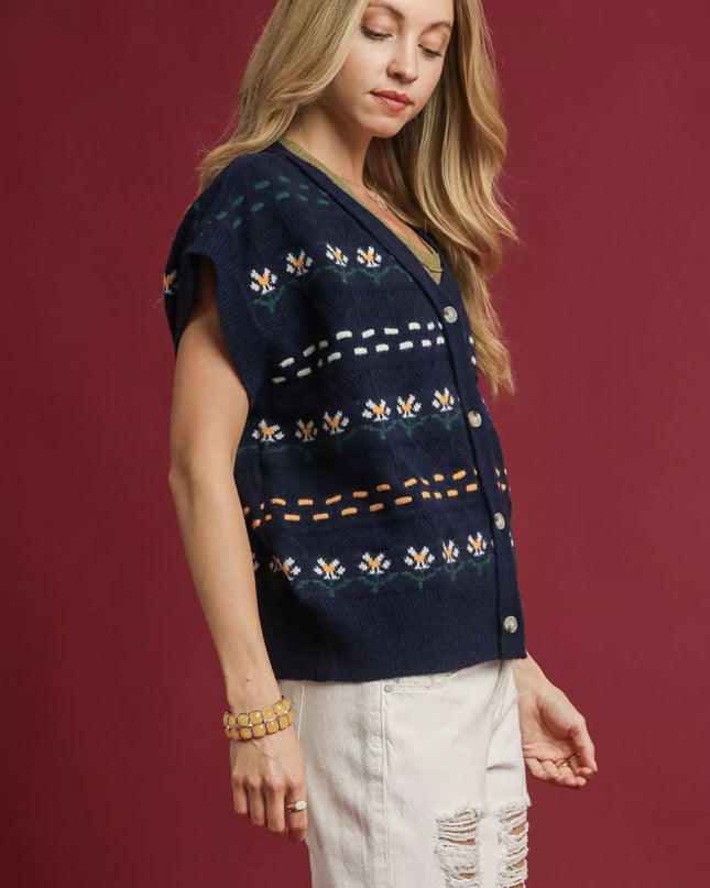 Umgee Button - Down Knit Vest with Floral Pattern - Sleekdenim.com