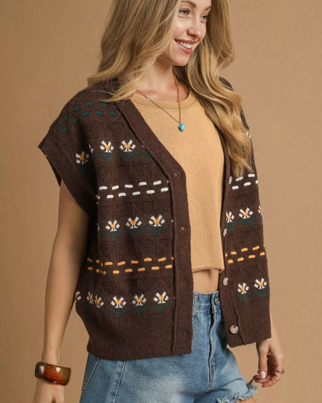 Umgee Button - Down Knit Vest with Floral Pattern - Sleekdenim.com