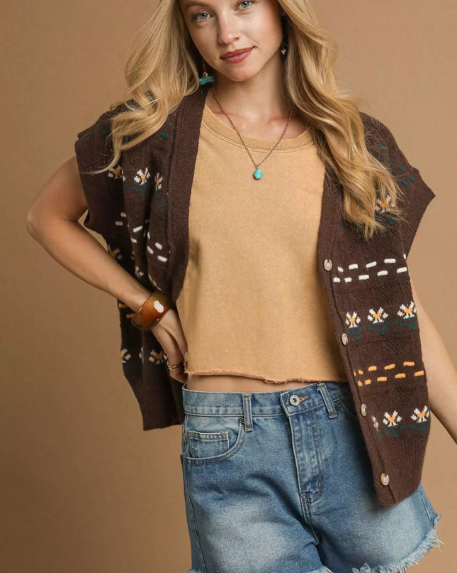 Umgee Button - Down Knit Vest with Floral Pattern - Sleekdenim.com