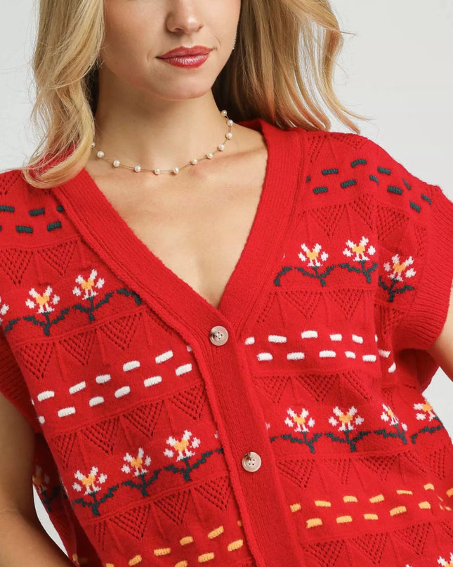 Umgee Button - Down Knit Vest with Floral Pattern - Sleekdenim.com