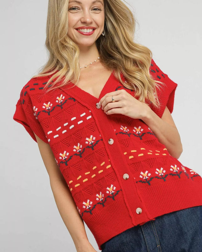 Umgee Button - Down Knit Vest with Floral Pattern - Sleekdenim.com