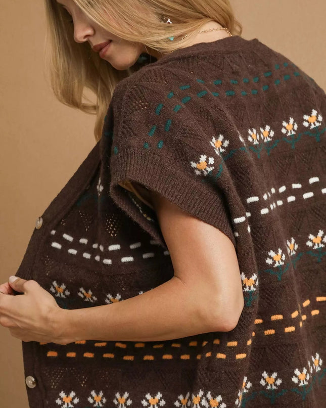 Umgee Button - Down Knit Vest with Floral Pattern - Sleekdenim.com