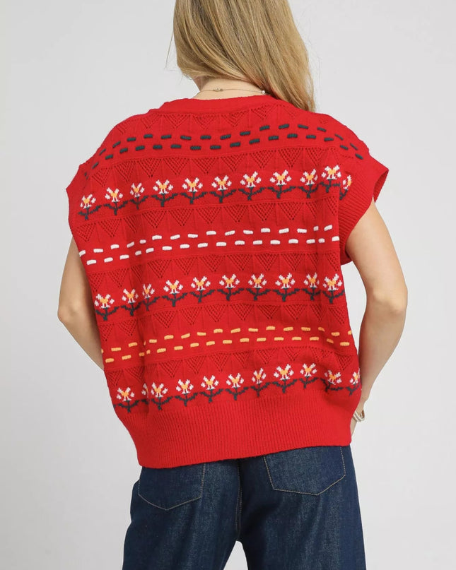 Umgee Button - Down Knit Vest with Floral Pattern - Sleekdenim.com