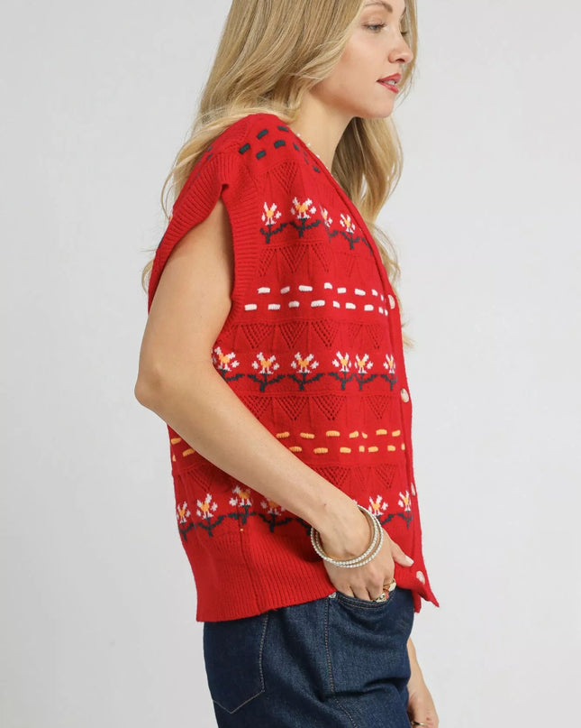 Umgee Button - Down Knit Vest with Floral Pattern - Sleekdenim.com