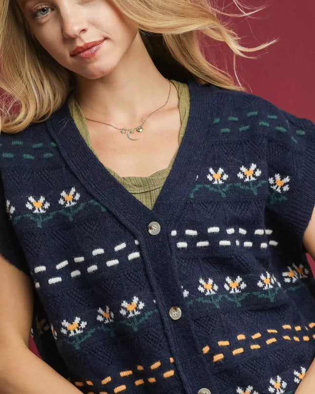 Umgee Button - Down Knit Vest with Floral Pattern - Sleekdenim.com