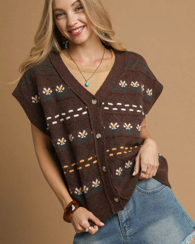 Umgee Button - Down Knit Vest with Floral Pattern - Sleekdenim.com