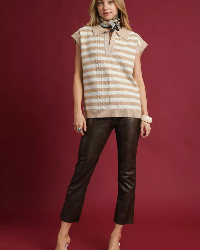 Umgee Cable Knit Collared Striped Vest Sweater - Sleekdenim.com