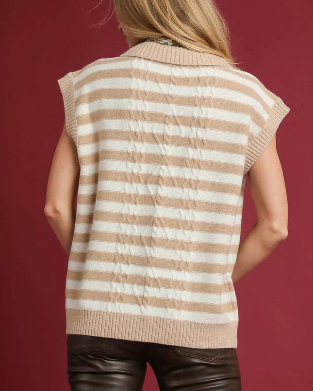 Umgee Cable Knit Collared Striped Vest Sweater - Sleekdenim.com