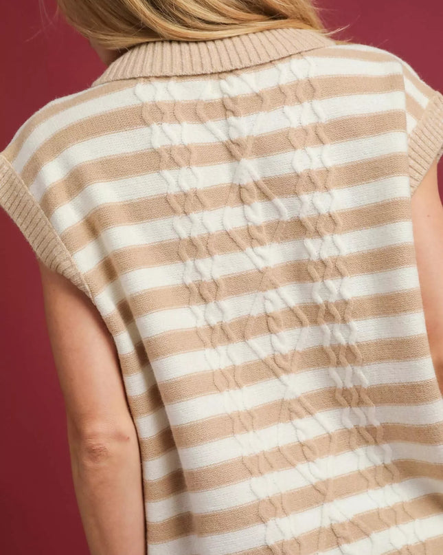 Umgee Cable Knit Collared Striped Vest Sweater - Sleekdenim.com