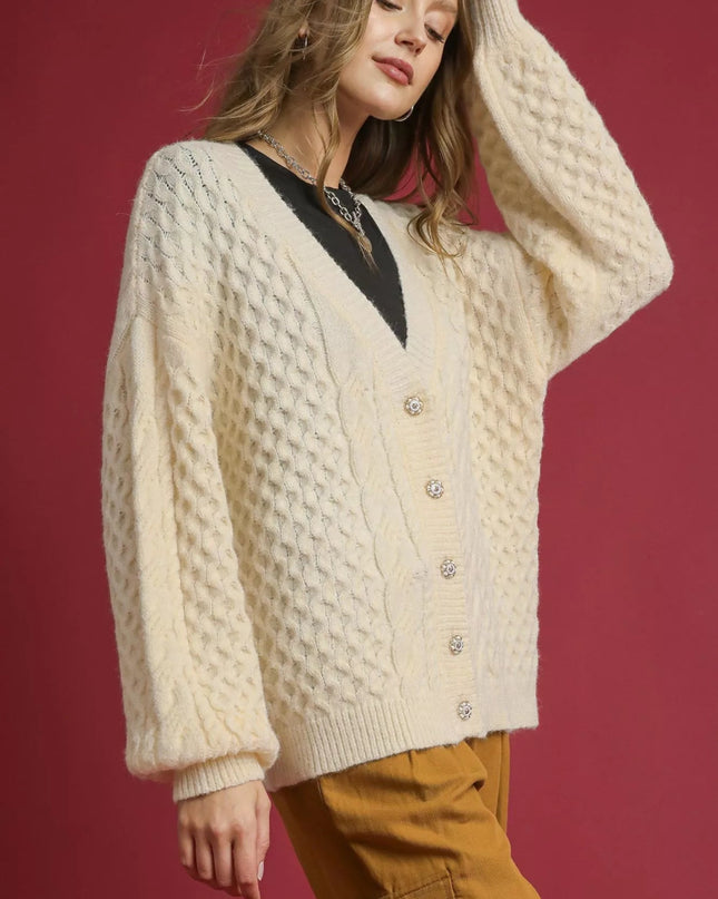 Umgee Cable Knit Pearl Button Cardigan - Sleekdenim.com