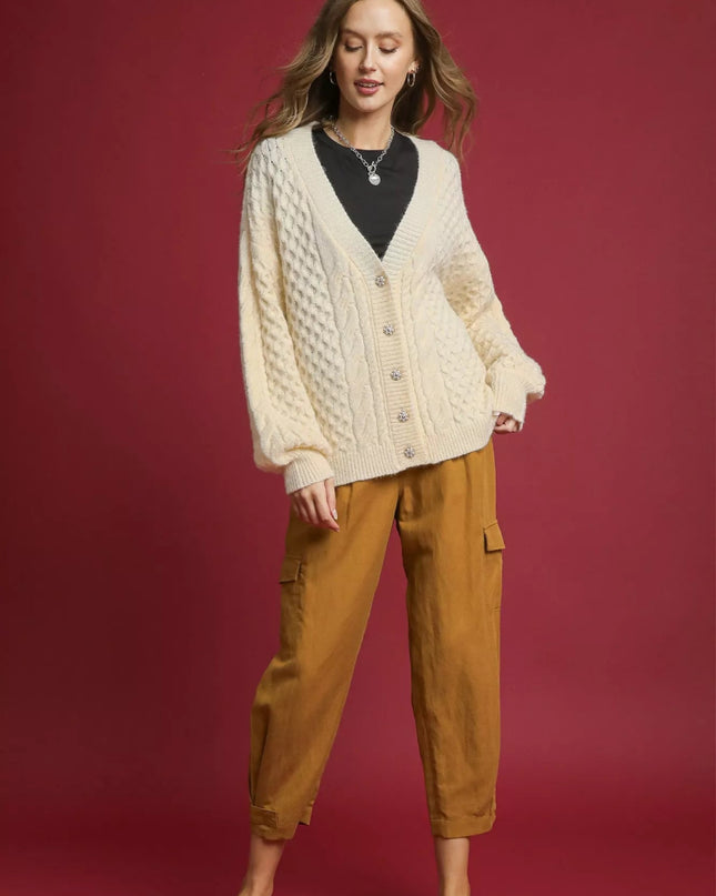 Umgee Cable Knit Pearl Button Cardigan - Sleekdenim.com